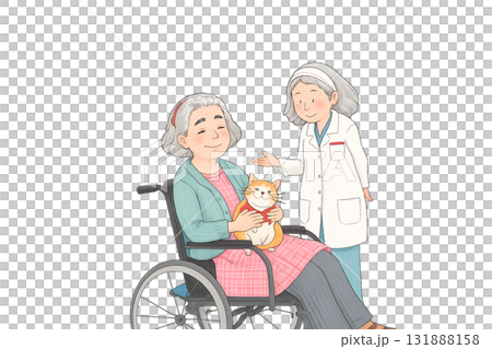老人ホームの明るいホールで、優しい表情の車椅子に座るおばあさんが、柔らかい毛並みの猫を膝に抱いている 131888158