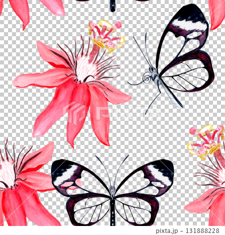 Glasswing butterfly and passionflower blossom elegant watercolor seamless pattern on white. Hand-painted art perfect for tropical decor, botanical card, eco branding, packaging, or wedding invitations 131888228