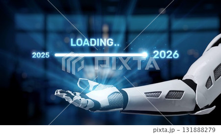 Futuristic Robotic Arm Displaying Loading Animation Between Years 2025 and 2026 in High-Tech Digital Environment with Blurred Background Synapse Futuristic Robotic Arm Displaying Loading Animation Between Years 2025 and 2026 in High-Tech Digital Environment with Blurred Background Synapse 131888279