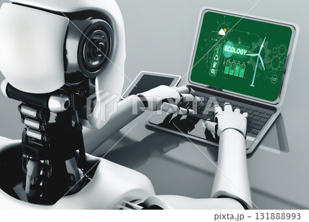 Robot humanoid use laptop and sit at table in future office Robot humanoid use laptop and sit at table in future office 131888993