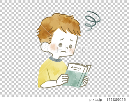 A boy reading a book with a troubled expression - watercolor 131889026