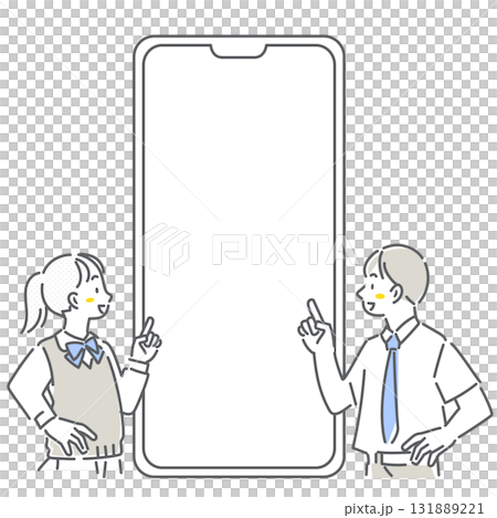 一幅簡單而時尚的線條畫,畫中一名高中生指著智慧型手機螢幕 一幅簡單而時尚的線條畫,畫中一名高中生指著智慧型手機螢幕 131889221