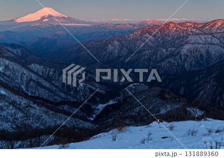 早春の丹沢・塔ノ岳山頂から見る朝焼けの富士山と南アルプスの山並み 131889360