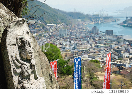 千光寺付近の岩に彫られた仏像と尾道水道を望む水彩画風の景色 131889939