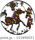 A colorful Chinese paper cut art features a galloping horse with intricate floral patterns, accompanied by two children in festive outfits holding a lantern, all within a circular frame with grass bel 131890031
