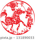 Red Chinese paper cut art features a galloping horse with intricate floral patterns, accompanied by two children in festive outfits holding a lantern, all within a circular frame with grass below. 131890033