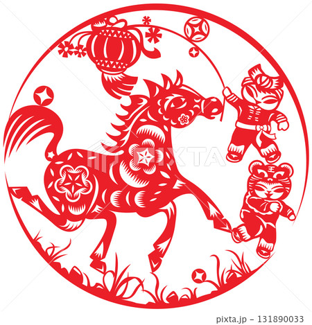 Red Chinese paper cut art features a galloping horse with intricate floral patterns, accompanied by two children in festive outfits holding a lantern, all within a circular frame with grass below. Red Chinese paper cut art features a galloping horse with intricate floral patterns, accompanied by two children in festive outfits holding a lantern, all within a circular frame with grass below. 131890033