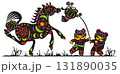 Vibrant Color Chinese paper cut art of a horse in stride, two Chinese dolls playing with the Lantern 131890035