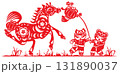 Vibrant Red Chinese paper cut art of a horse in stride, two Chinese dolls playing with the Lantern 131890037