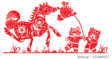Vibrant Red Chinese paper cut art of a horse in stride, two Chinese dolls playing with the Lantern 131890037