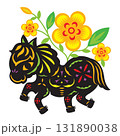 A colorful illustration features a black horse adorned with vibrant floral and geometric patterns, surrounded by bright yellow flowers and green leaves 131890038