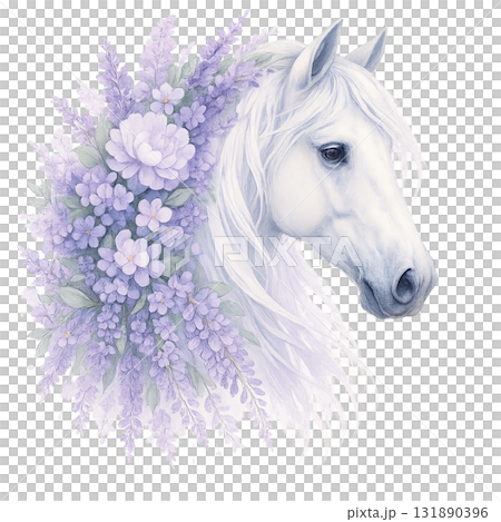 油畫和水彩畫馬與華麗的花朵 - PNG（透明） 131890396