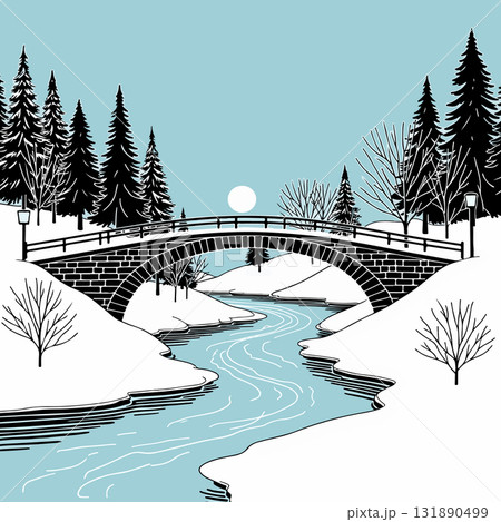 Winter Landscape with Stone Bridge 131890499