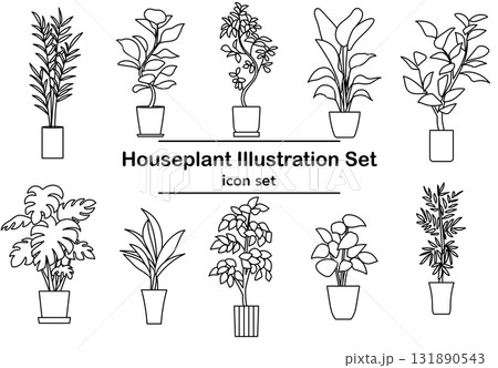 イラスト素材: モノクロの観葉植物アイコンセット 131890543