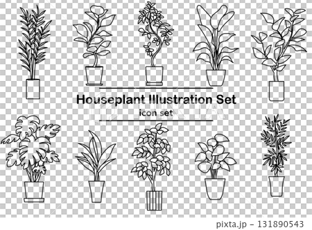 イラスト素材: モノクロの観葉植物アイコンセット 131890543