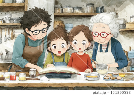 美優シリーズ:4人の魔女が魔法のレシピ本を囲んでお菓子を作っているシーン 美優シリーズ:4人の魔女が魔法のレシピ本を囲んでお菓子を作っているシーン 131890558