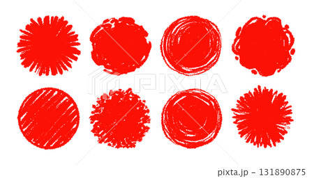Brush red Japanese sun circle frame set. Hand drawn rough scribble grunge texture effect red circle. Grunge crayon japan flag round stamp. Pencil, marker stroke paint border. Vector Brush red Japanese sun circle frame set. Hand drawn rough scribble grunge texture effect red circle. Grunge crayon japan flag round stamp. Pencil, marker stroke paint border. Vector 131890875