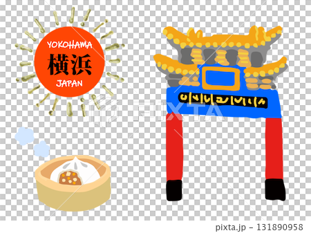 Yokohama Chinatown gate and steamed meat bun hand drawn icon set 131890958