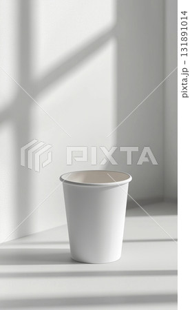 White glass paper cup disposable recycle waste product mockup with light shadow background 131891014
