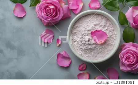 Rose extract powder for skincare natural ingredient for healthy skin with flower decoration 131891081