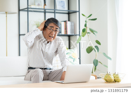 リビングでパソコンを使うシニアの男性 131891179
