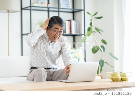 リビングでパソコンを使うシニアの男性 リビングでパソコンを使うシニアの男性 131891180