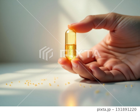 Close-up of Hand Pinching a Luminous Gel Capsule Above Sparkling Golden Powder on a Table 131891220