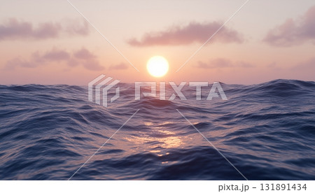 Violet sunset purple light in ocean with water surface and reflection sun 131891434