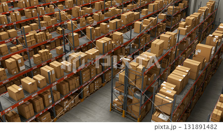 棚に並ぶ段ボールとバーコード管理 棚に並ぶ段ボールとバーコード管理 131891482