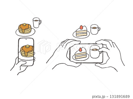 スマホでスイーツを撮影している手描きイラスト スマホでスイーツを撮影している手描きイラスト 131891689