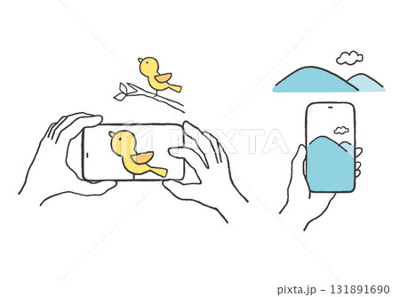 スマホで山や鳥を撮影している手描きイラスト スマホで山や鳥を撮影している手描きイラスト 131891690
