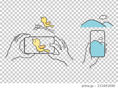 Hand-drawn illustration of a person taking pictures of mountains and birds with a smartphone Hand-drawn illustration of a person taking pictures of mountains and birds with a smartphone 131891690