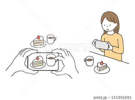 スマホでスイーツを撮影している人の手描きイラスト 131891691