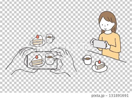 スマホでスイーツを撮影している人の手描きイラスト 131891691