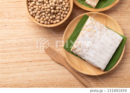 Tempeh made from fermented soybeans, Traditional Indonesian food, Healthy vegan and plant based 131891859