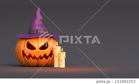Festive Halloween background with a creepy 3D pumpkin wearing a witch hat Festive Halloween background with a creepy 3D pumpkin wearing a witch hat 131892253