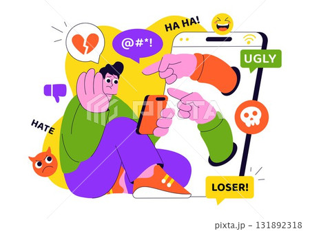 Cyberbullying Illustration Featuring Online Harassment, Network Abuse, and Negative Internet Influence Such as Insults, Swearing, and Verbal Abuse Cyberbullying Illustration Featuring Online Harassment, Network Abuse, and Negative Internet Influence Such as Insults, Swearing, and Verbal Abuse 131892318