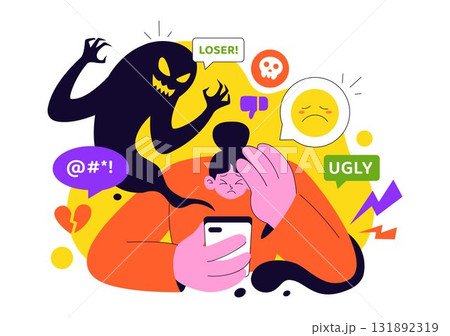 Cyberbullying Illustration Featuring Online Harassment, Network Abuse, and Negative Internet Influence Such as Insults, Swearing, and Verbal Abuse Cyberbullying Illustration Featuring Online Harassment, Network Abuse, and Negative Internet Influence Such as Insults, Swearing, and Verbal Abuse 131892319