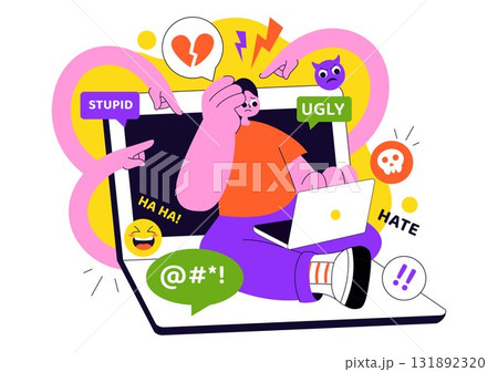 Cyberbullying Illustration Featuring Online Harassment, Network Abuse, and Negative Internet Influence Such as Insults, Swearing, and Verbal Abuse 131892320