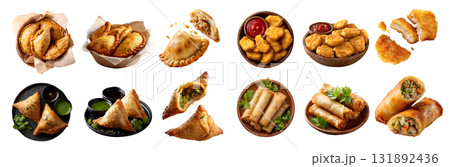 4 set fried baked crispy pastry with filling, Empanada Curry puff, nuggets, samosa, egg spring roll, craft ceramic wooden bowl, stack broken, transparent cutout PNG 131892436