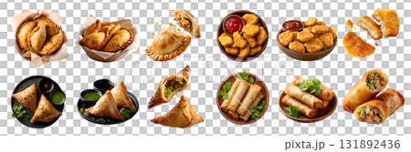 4 set fried baked crispy pastry with filling, Empanada Curry puff, nuggets, samosa, egg spring roll, craft ceramic wooden bowl, stack broken, transparent cutout PNG 131892436