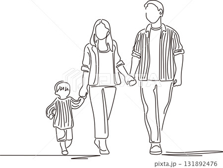 手をつないで歩く3人家族の線画イラスト 手をつないで歩く3人家族の線画イラスト 131892476