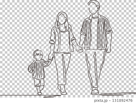 Line drawing illustration of a family of three walking hand in hand 131892476