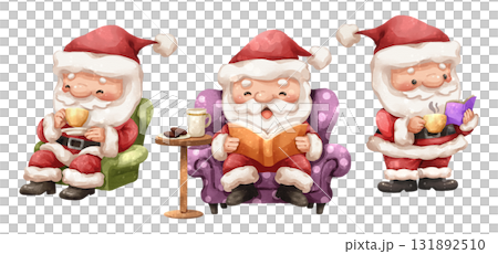 Watercolor cartoon illustration set of santa claus reading a book and drink a coffee in comfy armchair . Hand drawn digital painting . Transparency background . Watercolor cartoon illustration set of santa claus reading a book and drink a coffee in comfy armchair . Hand drawn digital painting . Transparency background . 131892510