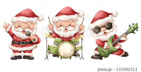 Watercolor cartoon illustration set of santa claus as rock and roll band member . Features Santa singing, playing a full drum kit, and shredding an electric guitar . Hand drawn digital painting . 131892511