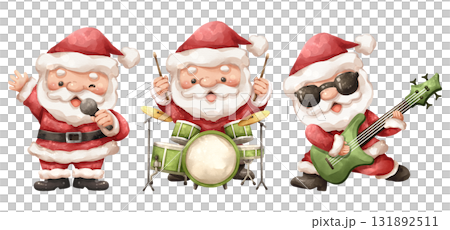 Watercolor cartoon illustration set of santa claus as rock and roll band member . Features Santa singing, playing a full drum kit, and shredding an electric guitar . Hand drawn digital painting . Watercolor cartoon illustration set of santa claus as rock and roll band member . Features Santa singing, playing a full drum kit, and shredding an electric guitar . Hand drawn digital painting . 131892511