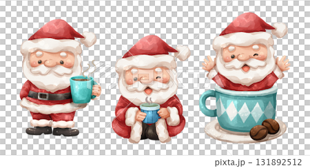 Watercolor cartoon illustration set of santa claus as a coffee enthusiast holding steaming blue mug and popping out of oversized coffee cup . Hand drawn digital painting . Transparency background . Watercolor cartoon illustration set of santa claus as a coffee enthusiast holding steaming blue mug and popping out of oversized coffee cup . Hand drawn digital painting . Transparency background . 131892512