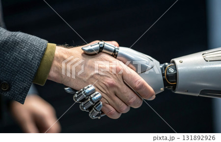 Human hand and robot hand join in a gesture of trust, technological partnership Human hand and robot hand join in a gesture of trust, technological partnership 131892926
