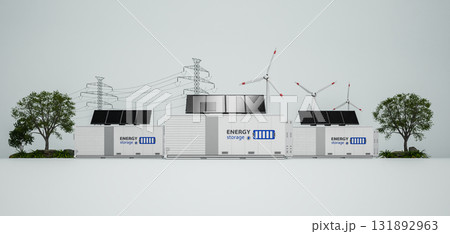 Alternative energy concept with group of energy storage systems or battery container units with various sources of energy 131892963