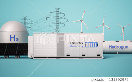 Alternative energy concept with group of energy storage systems or battery container units with various sources of energy 131892975